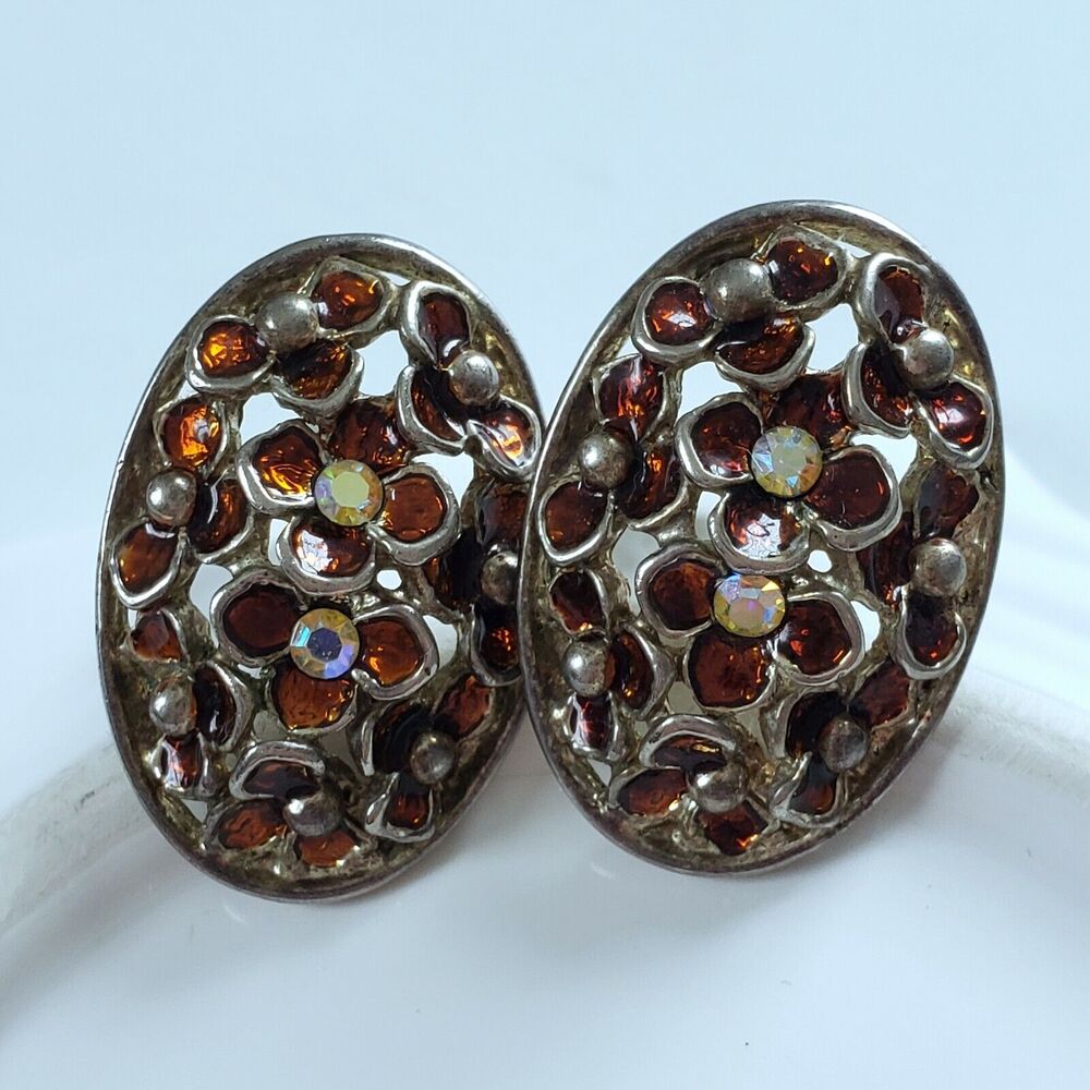 Vintage Earrings Silvertone Floral Enamel Rhinestone Classic Midcentury Clip Ons